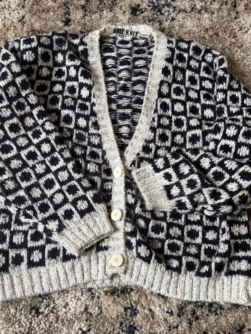 KNIT KNIT Black White Geometric Button Up Cardigan Womens M